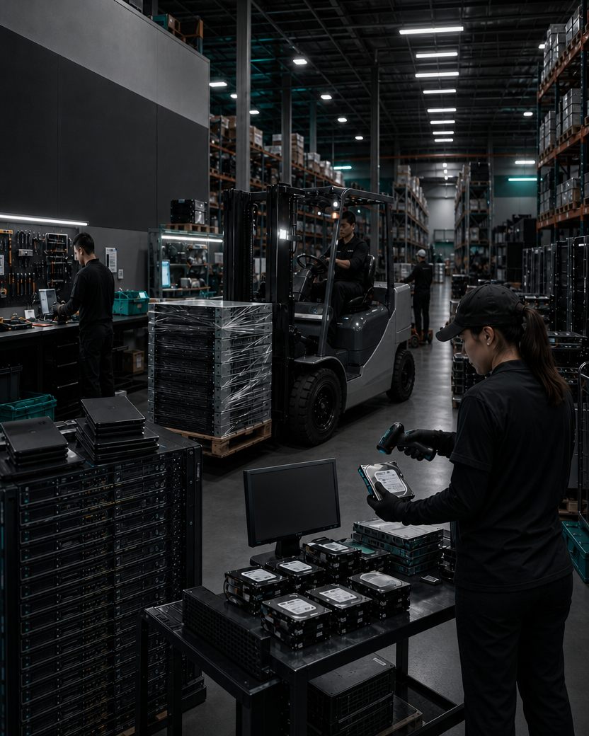 Recyclebyte warehouse team handling electronics recycling and IT asset disposition